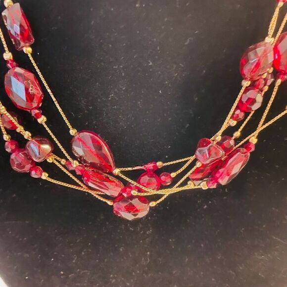 Gold Multi-Strand Red Beaded Choker Necklace - Picture 3 of 4